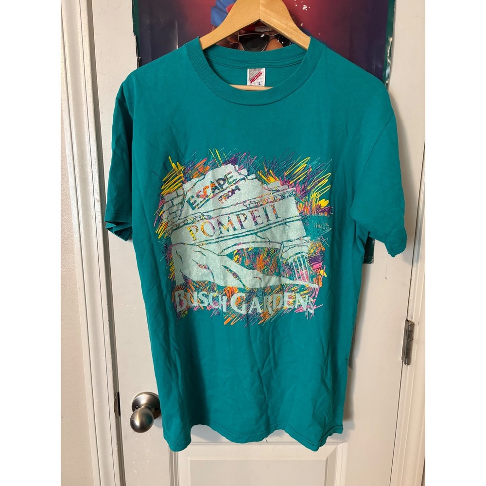 Vintage Jerzees Busch Gardens Escape From Pompeii T Shirt Teal Green Large 90s